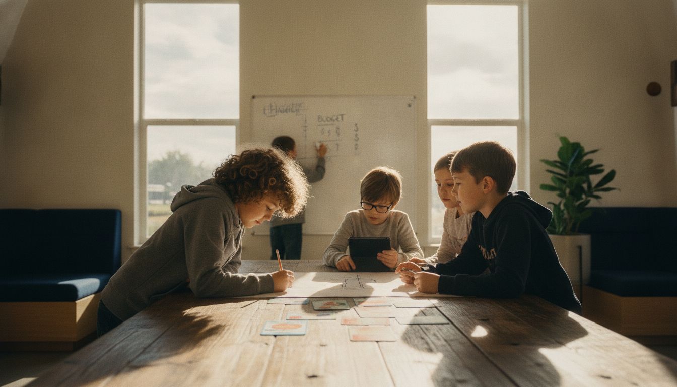 Children collaborating on a hands-on entrepreneurship project during a gamified learning session