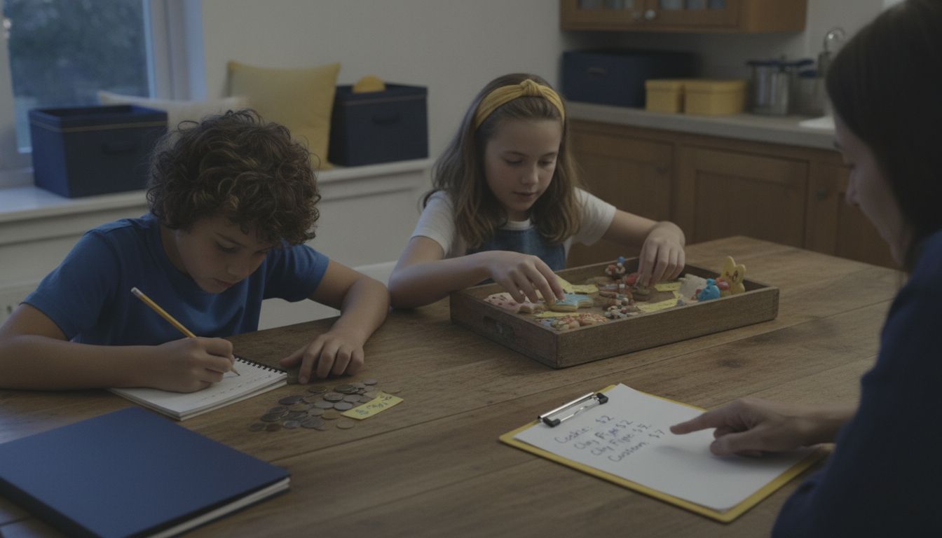 Kids counting money and pricing handmade products at a kitchen table with a parent